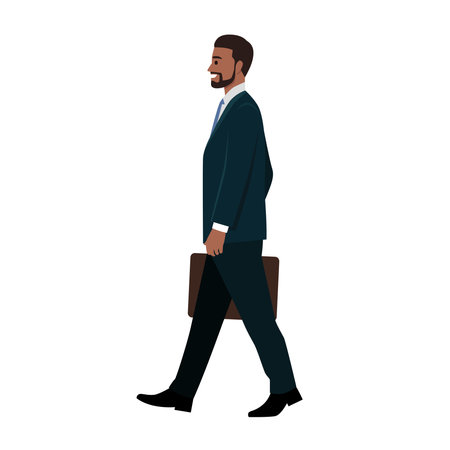 Side View of a young black Businessman Walking Forward. Flat vector illustration isolated on white backgroundのイラスト素材
