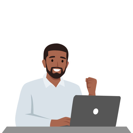 Young black man success laptop relieve work from home computer. Flat vector illustration isolated on white backgroundのイラスト素材
