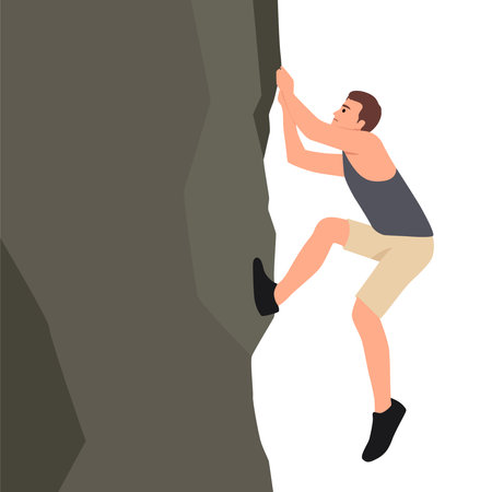 Young man climbing on a limestone wall. Flat vector illustration isolated on white backgroundのイラスト素材