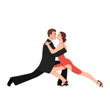 Couple of professional tango dancers in elegant suit and dress pose in a dancing movement. Flat vector illustration isolated on white backgroundのイラスト素材