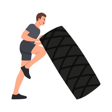 Muscular fitness man moving large tire in street gym. Strongman workout. Flat vector illustration isolated on white backgroundのイラスト素材