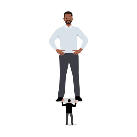 Young black businessman. Business concept. Giant foot leader trampling businessman. Flat vector illustration isolated on white backgroundのイラスト素材