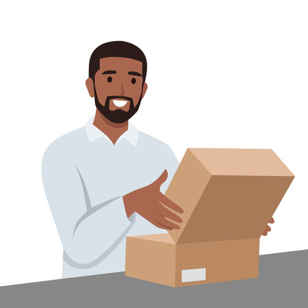 Young man Unpacking paper box concept. Young man opens parcel with orders delivered by postal service. Flat vector illustration isolated on white backgroundのイラスト素材