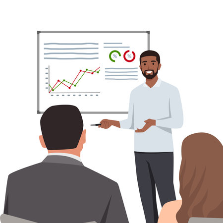 Young black man doing presentation. Business workers smiling happy and confident in a meeting. Flat vector illustration isolated on white backgroundのイラスト素材