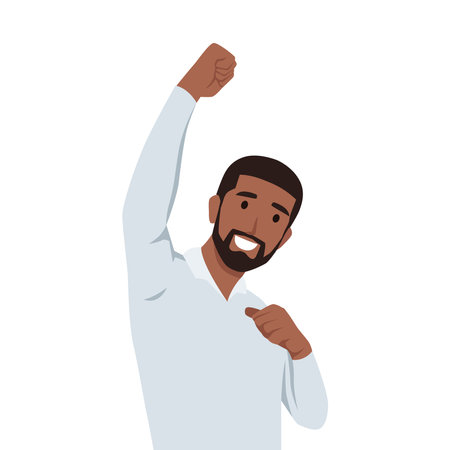 Young black man winning at work. Businessman with strong emotions on his face. Fist up happy. Flat vector illustration isolated on white backgroundのイラスト素材