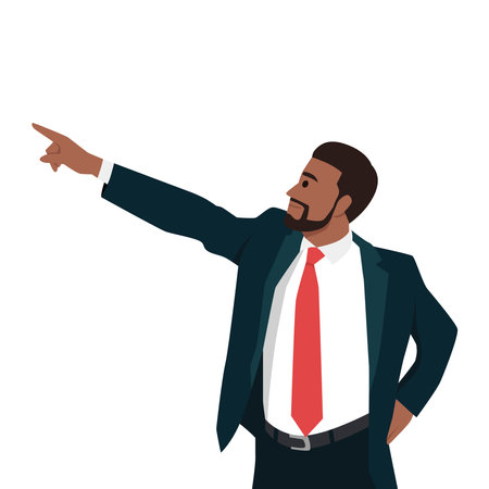 Young businessman pointing his finger forward with a happy face. Flat vector illustration isolated on white backgroundのイラスト素材