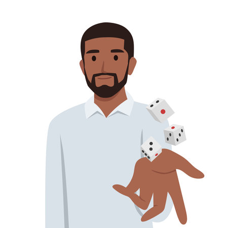 Man throws dice inviting you to visit casino and try your luck at roulette. Flat vector illustration isolated on white backgroundのイラスト素材