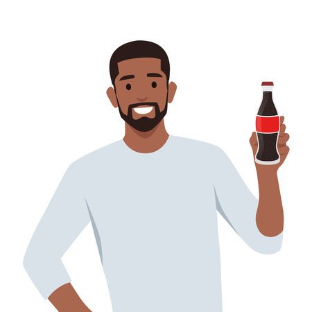 Young man holding cola bottle. Flat vector illustration isolated on white backgroundのイラスト素材
