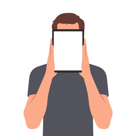 Young businessman holding a blank digital tablet. Flat vector illustration isolated on white backgroundのイラスト素材