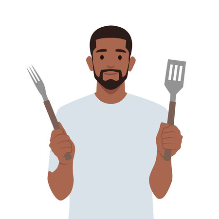 Chef or happy cook holding a grill tools spatula and fork. Flat vector illustration isolated on white backgroundのイラスト素材