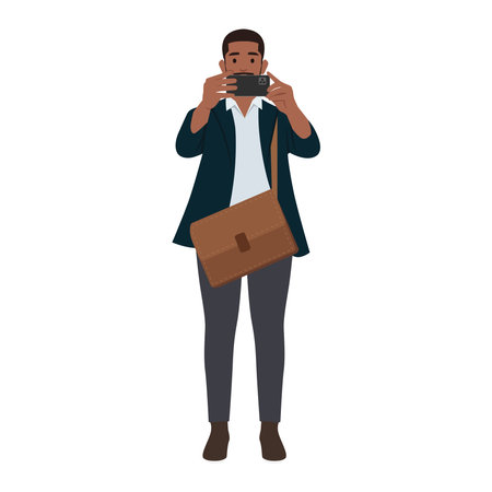 Young businessman wearing blazer using a smart phone. Taking picture with his smartphone. Flat vector illustration isolated on white backgroundのイラスト素材