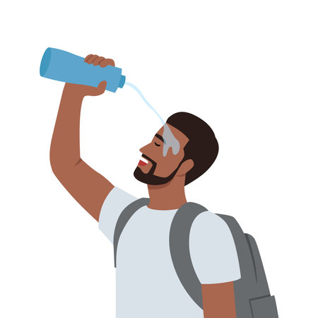Tired man tourist pouring water on face during long walk in nature in hot weather. Traveler guy with backpack on back exhaustively washes head on go to avoid sunstroke. Flat vector illustration isolated on white backgroundのイラスト素材