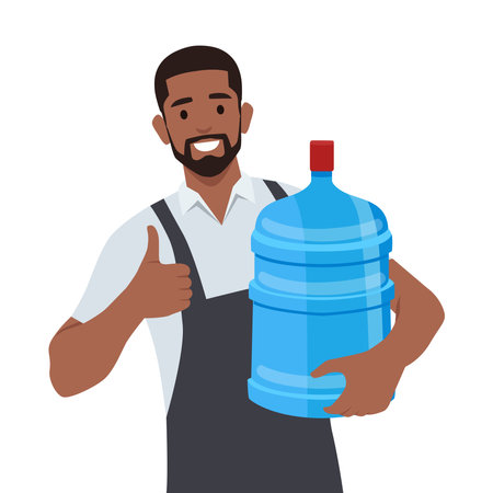 Young water delivery courier holding gallon of water with thumb up. Flat vector illustration isolated on white backgroundのイラスト素材