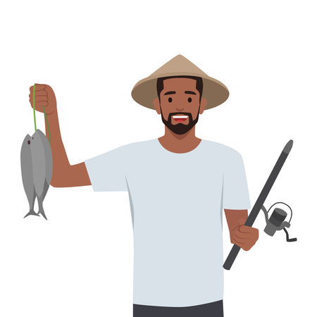 Happy young bearded fisherman on the beach holding his catch fish. Flat vector illustration isolated on white backgroundのイラスト素材