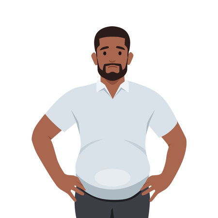 Young bearded man worried about belly fat. Flat vector illustration isolated on white backgroundのイラスト素材