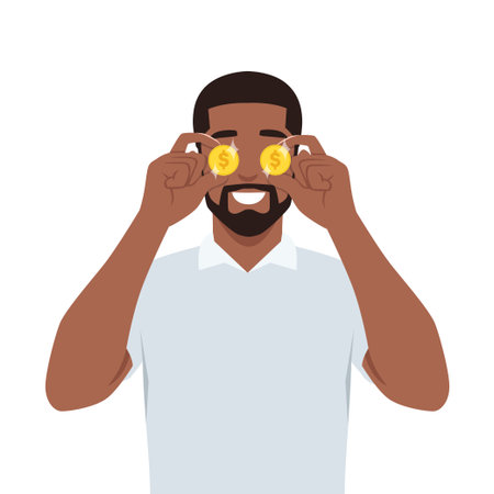 Young man holding golden coin in the eyes. Flat vector illustration isolated on white backgroundのイラスト素材