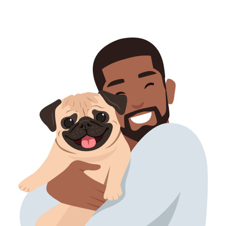 Young man hugging little dog pet. Flat vector illustration isolated on white backgroundのイラスト素材