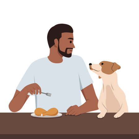 Smiling man giving food chicken drum to excited dog. Flat vector illustration isolated on white backgroundのイラスト素材