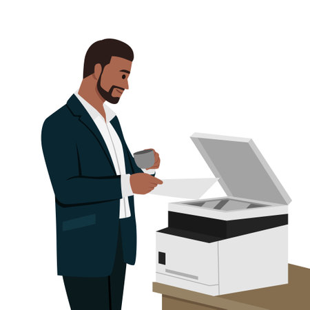 Young man working in typography at print to printer. Flat vector illustration isolated on white backgroundのイラスト素材