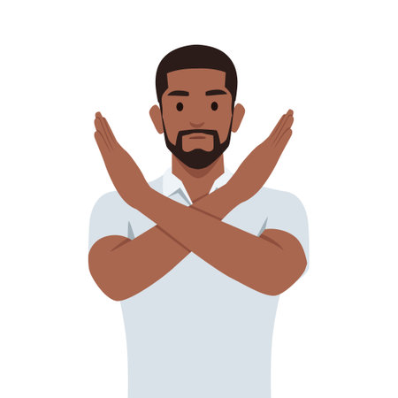 Angry man standing with the crossed arms, no sign. Flat vector illustration isolated on white backgroundのイラスト素材