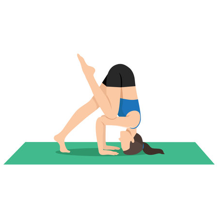 Woman doing Tripod Headstand Prep One Knee On Elbow or Catur Svanasana Sirsasana Eka Janu Kurpara....