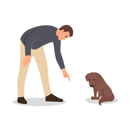 Being angry at pet concept. Young angry aggressive man shouting at guilty dog. Flat vector illustration isolated on white backgroundのイラスト素材