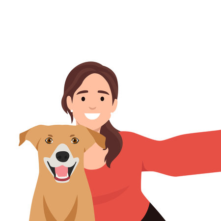 Young woman and dog selfie together. Flat vector illustration isolated on white backgroundのイラスト素材