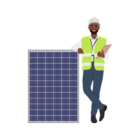 Young engineer in uniform and helmet stand near solar panels. Flat vector illustration isolated on white backgroundのイラスト素材