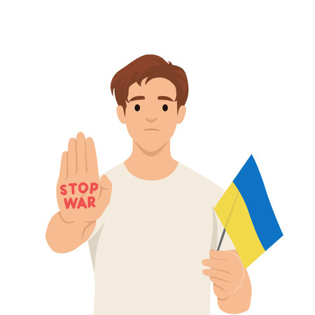Young man holding the Ukranian flag with stop war sign. Flat vector illustration isolated on white backgroundのイラスト素材
