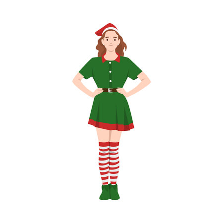 Young Beautiful woman in costume of Elf, Lady Santa Helper hands on hips. Flat vector illustration isolated on white backgroundのイラスト素材