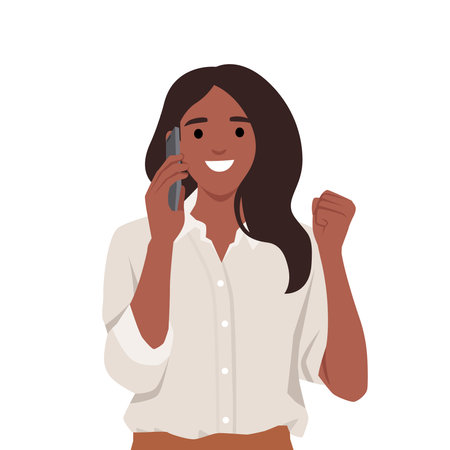Young woman talking on phone celebrating work success, succeed in career raising hand. Flat vector illustration isolated on white backgroundのイラスト素材