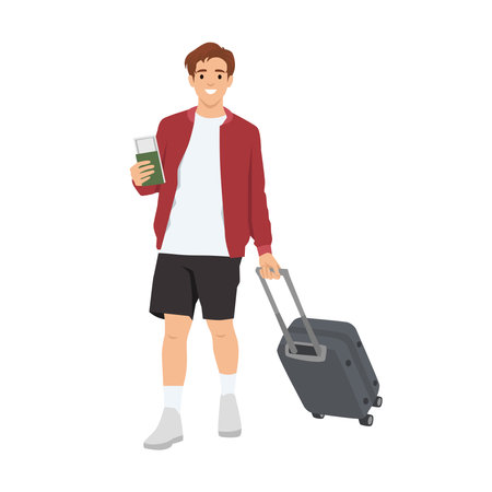 Young man with a Suitcase goes on vacation holding his passport. Flat vector illustration isolated on white backgroundのイラスト素材
