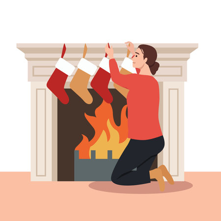 Christmas holiday home decoration. Woman decorate fireplace with christmas socks. Flat vector illustration isolated on white backgroundのイラスト素材