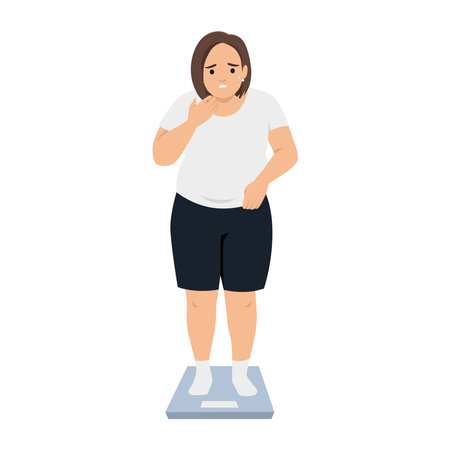 Fat obese sad woman standing on scales having weight problems feeling stressed. Flat vector illustration isolated on white backgroundのイラスト素材