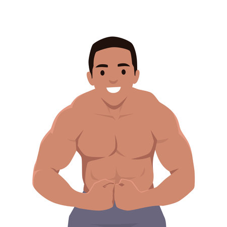 Muscular person flexing to show their physique in confidence. Flat vector illustration isolated on white backgroundのイラスト素材