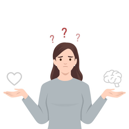 Unsure doubtful woman choose between brain and heart. Flat vector illustration isolated on white backgroundのイラスト素材