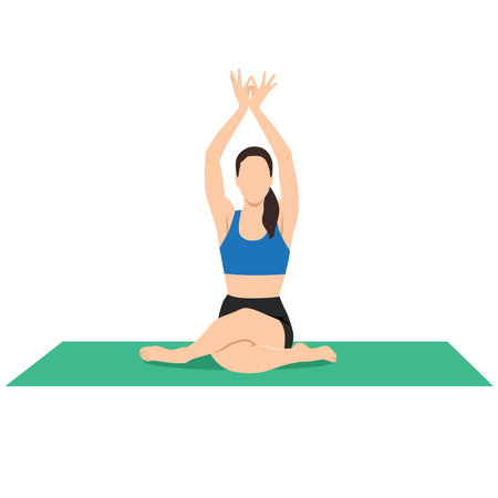 Woman doing gomukhasana while sitting on a rug. Flat vector illustration isolated on white backgroundのイラスト素材