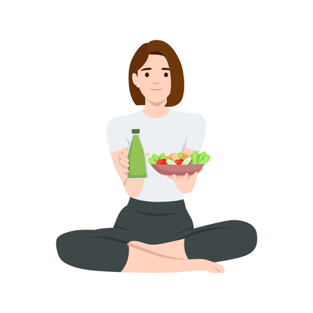 Healthy Living, Nourishing Mind and Body woman holding bowl of salad and a bottle of green juice. Flat vector illustration isolated on white backgroundのイラスト素材