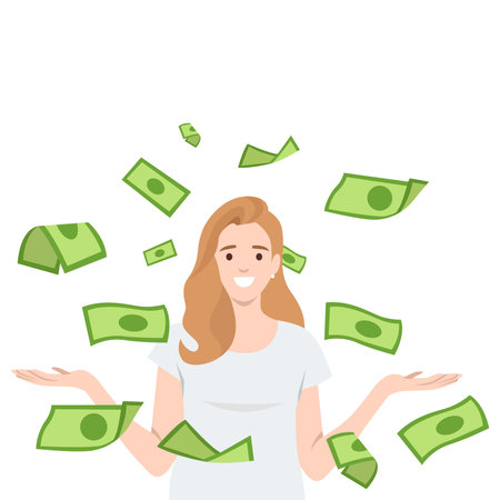 Happy Woman Surrounded by Money. Flat vector illustration isolated on white backgroundのイラスト素材