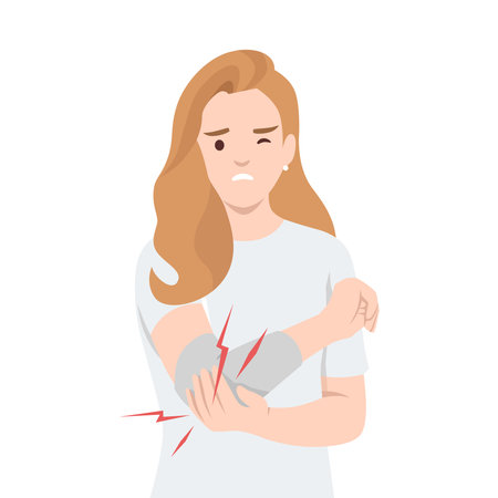 Woman holding her arm in visible pain, with red lines indicating an injury. Flat vector illustration isolated on white backgroundのイラスト素材