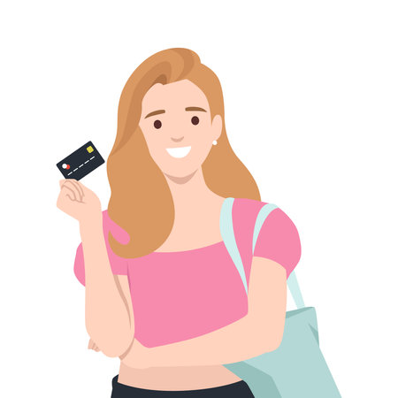 Cheerful woman holding a credit card while carrying a tote bag. Flat vector illustration isolated on white backgroundのイラスト素材