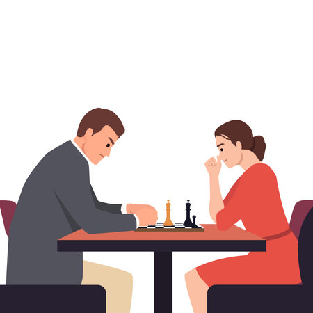 Man and a woman sit across from each other at a table, deeply engaged in a chess match. Flat vector illustration isolated on white backgroundのイラスト素材