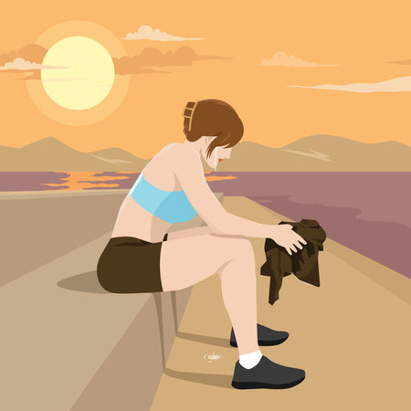 Tired sad woman sits on a concrete ledge, gazing downward, holding a jacket on the sunset. Flat vector illustration isolated on white backgroundのイラスト素材