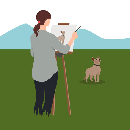 Capturing a Canine on Canvas. Woman in an open field, painting a portrait of a dog on an easel. Flat vector illustration isolated on white backgroundのイラスト素材