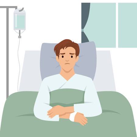 Sick Man in Hospital Bed wearing a hospital gown, connected to an IV drip in a hospital room. Flat vector illustration isolated on white backgroundのイラスト素材