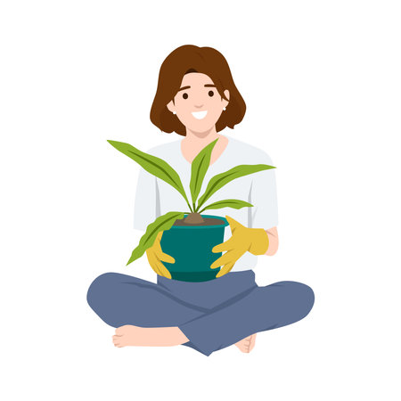 Happy Gardener Holding a Potted Plant. enjoying her love for gardening and nature. Flat vector illustration isolated on white backgroundのイラスト素材