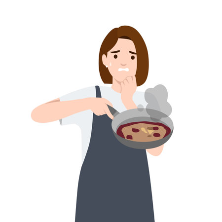 Worried woman holds a smoking pan, looking distressed after her dish doesn't turn out as expected. Flat vector illustration isolated on white backgroundのイラスト素材