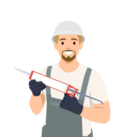 Male worker in overalls and a hard hat holds a caulking gun, Construction or sealing task. Flat vector illustration isolated on white backgroundのイラスト素材