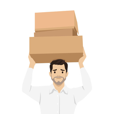 Stressed Man Carrying Cardboard Boxes. Flat vector illustration isolated on white backgroundのイラスト素材