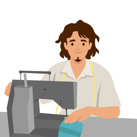 Focused male tailor operates a sewing machine, skillfully stitching fabric with precision and care. Flat vector illustration isolated on white backgroundのイラスト素材